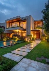 Obraz premium Modern house at dusk, featuring a pool and walkway