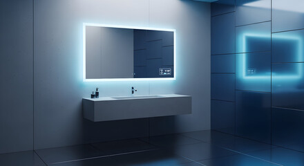Fototapeta premium Modern bathroom with illuminated mirror and washbasin with a minimalist design