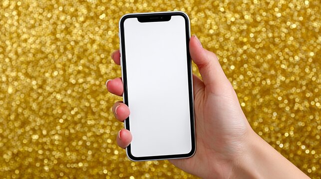 A hand holding a white iPhone on a gold background. The phone is turned off and the screen is blank