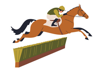 Horse and jockey jumping over green hedge obstacle in steeplechase competition