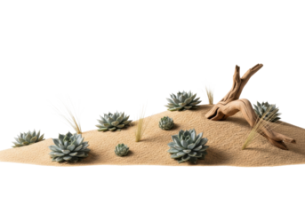 High-key studio shot: gentle tan sand slope with grey-green succulents, dried grasses, and gnarled driftwood against a transparent background with copy space, concept of minimalist arid beauty