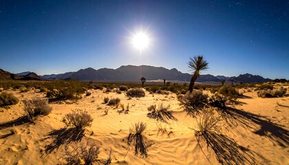 Desert landscape at night with a full moon