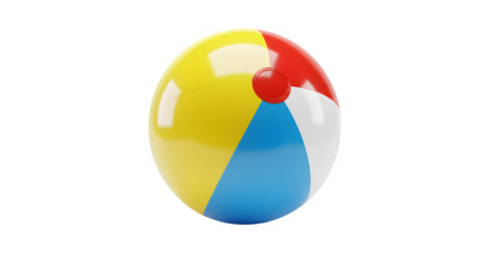 Classic beach ball isolated on transparent background for summer fun, Colorful inflatable beach ball with white, orange, yellow, and blue panels, summer pool toy

