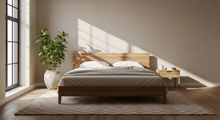 Modern bedroom interior design with a wooden bed a plant and natural light features