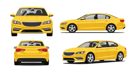 Set of vector illustrations showing a modern sedan car from multiple angles, emphasizing elegant design, business style, and reliable automotive concept for branding, marketing, and transportation