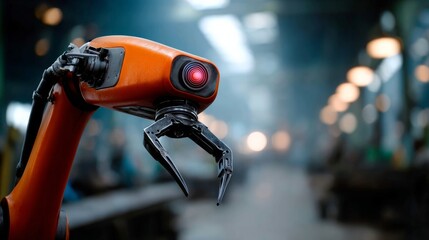 A robot with a red eye is standing in a factory. The robot is orange and has a claw on its arm. The factory is dimly lit, giving the scene a mysterious and eerie atmosphere