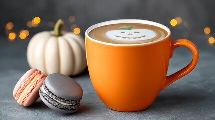 A cup of coffee with a pumpkin on it and a pastry on the table. The coffee cup is orange and the pastry is pink