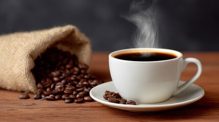 Obraz premium A white coffee cup with a white saucer sits on a wooden table next to a bag of coffee beans. The steam from the coffee cup rises into the air, creating a cozy and inviting atmosphere