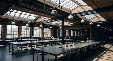 Obraz premium Modern Industrial Interior of a Conference Room with Large Tables and Skylights