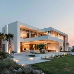 Fototapeta premium Modern white villa at twilight