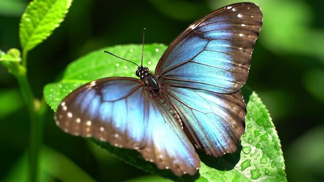 Vibrant blue butterfly on a dewy leaf