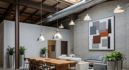Modern industrial office interior design with loft style and decorative elements