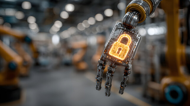 OT security defense. A robotic arm presents a glowin digital padlock symbol, rpresenting cybersecurity ad automation in a modern idustrial setting.