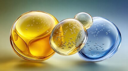 Vibrant abstract composition with colorful spheres and bubbly liquid.