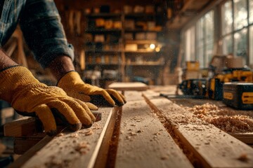 A skilled carpenter diligently works with wood, showcasing craftsmanship and precision, using protective gloves in his workshop, sawdust creating a dynamic atmosphere.