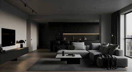 Fototapeta premium Modern interior design of a luxury apartment with dark color scheme and minimalist decorations