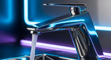 Modern Chrome Faucet Pouring Water With Neon Blue And Purple Ambiance Illumination