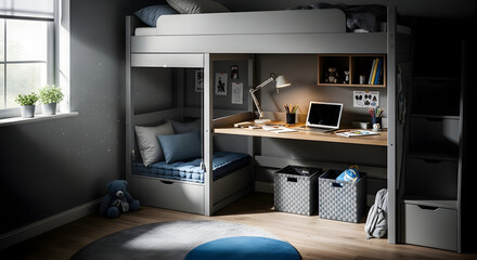 Modern children's room with a loft bed desk and window in a gray interior design