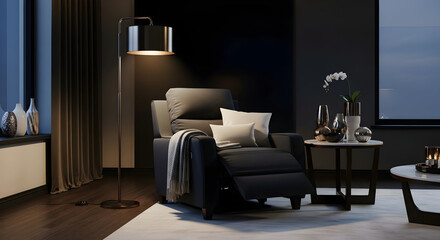 Modern Comfort Interior, Contemporary Home Design Concept Featuring Recliner And Ambient Lighting