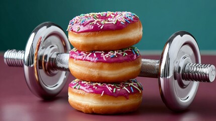 Three donuts stacked on top of a dumbbell. The dumbbell is silver and has a red handle