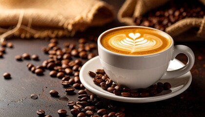 Fototapeta premium Latte art in white cup on rustic table