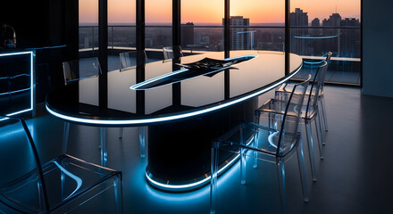 Modern conference room with a futuristic design concept overlooking city landscape sunset