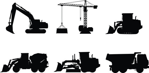 Construction vehicle silhouette set, excavator, tower crane, bulldozer, backhoe loader, motor grader, dump truck, heavy machinery, black vector, industrial illustration