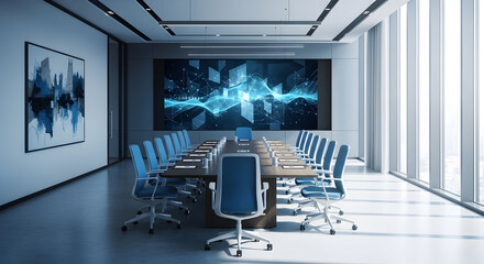 Modern conference room with a large screen displaying data visualization for business meetings