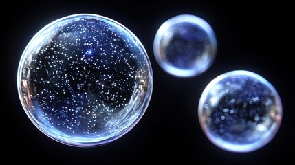 Obraz premium Three glowing spheres with a starry, cosmic effect against a dark background.