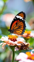 Obraz premium Close-up of orange and white butterfly on a pink flower