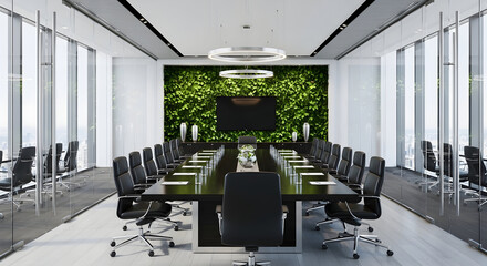 Modern Conference Room With Green Wall And Large Table For Business Meetings