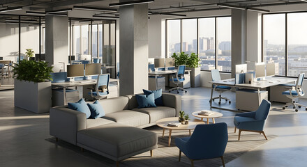 Modern Corporate Workspace: Elegant Office Interior with Desks, Seating, and Panoramic City View