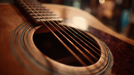 Fototapeta premium Close-up of acoustic guitar strings and sound hole.