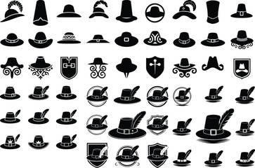 Pilgrim Hat Icon Silhouette Set Vintage Pilgrim Hat Vector Collection