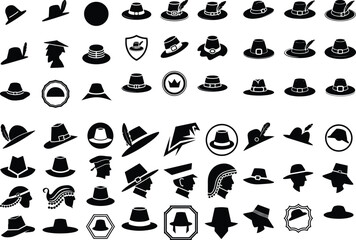 Pilgrim Hat Icon Silhouette Set Vintage Pilgrim Hat Vector Collection