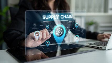 Naklejka premium Supply chain processes with data-driven logistics, transportation, and distribution. enhances operations. Supply chain improves efficiency. Supply chain integrates logistics and delivery. Spline