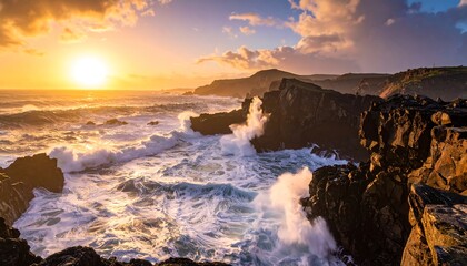 Obraz premium Dramatic coastal sunset with powerful waves crashing against jagged rocks, showcasing vibrant golden hues and dramatic clouds.