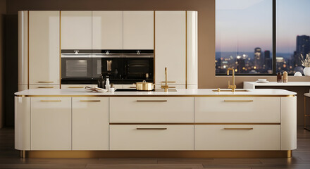Modern kitchen design with upscale features, a luxurious aesthetic and skyline view present