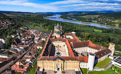 Melk Abbey one of the biggest and most beautiful European  moasteries. Baroque architecture in Wachau valley in Danube river. UNESCO World Heritage Site .aerial drone view