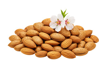 Isolated heap of almonds with blossoms healthy nutritious delicious tasty food snack