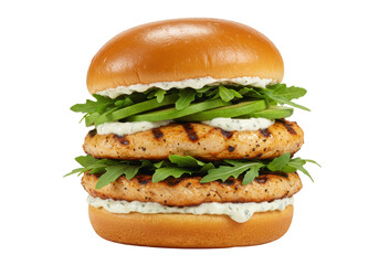 Isolated double chicken burger with avocado, arugula, and sauce on a fresh bun, delicious