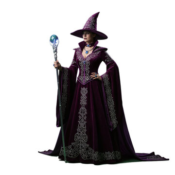female mage witch wearing fantasy madieval mage robe isolated on transparent background