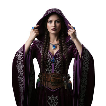 female mage witch wearing fantasy madieval mage robe isolated on transparent background