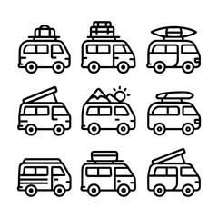 Fototapeta premium Nine Line Art Camper Van Icons with Various Roof Racks.