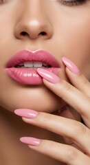 Obraz premium Close-up of a woman's face, showcasing perfect, glossy, pink lips and manicured nails with matching nail polish for a glamorous look; the epitome of beauty and elegance
