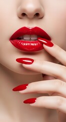 Fototapeta premium Close-up of a woman's sensual red lips with a finger gently touching her lower lip, showcasing perfectly manicured red nails, a captivating beauty and fashion close-up