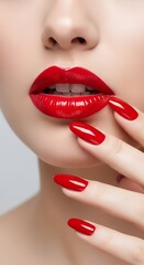Fototapeta premium Close-up of a Woman's Face Showcasing Vibrant Red Lips and Matching Nail Polish A Stunning Display of Beauty and Elegance