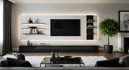 Modern Living Room Interior Design Featuring Entertainment Center And Elegant Decor