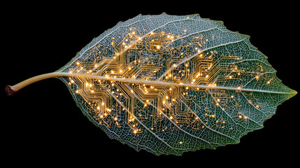 This image showcases a leaf with a glowing circuit bard pattern, symbolizing afusion of nature and technlogy