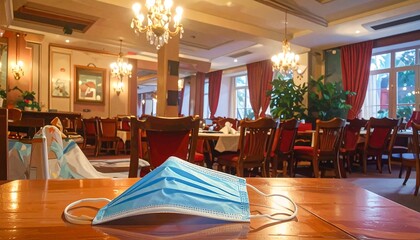 An empty restaurant, with a protective mask on the table, showcases the atmosphere of social distancing in a fine dining establishment.